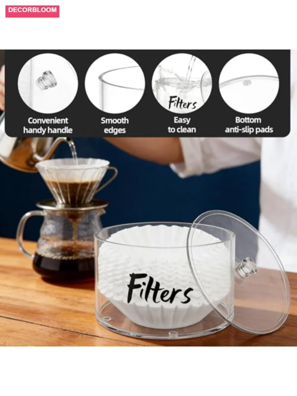 Acrylic Coffee Filter Holder with Lid, Clear Storage Dispenser for Kitchen
